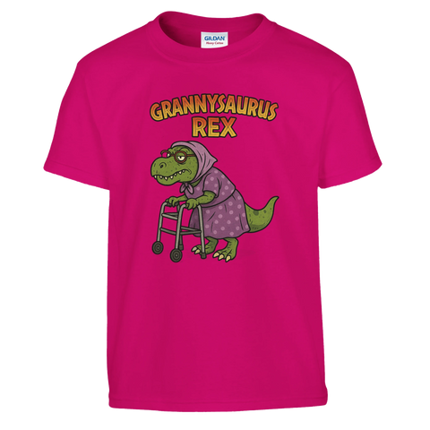 Humoristisk Grannysaurus Rex illustration på ceriserosa t-shirt för barn