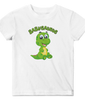 Gullig baby t-shirt med söt grön tecknad dinosaurie och texten Babysaurus