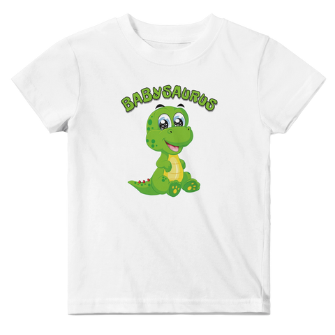 Gullig baby t-shirt med söt grön tecknad dinosaurie och texten Babysaurus