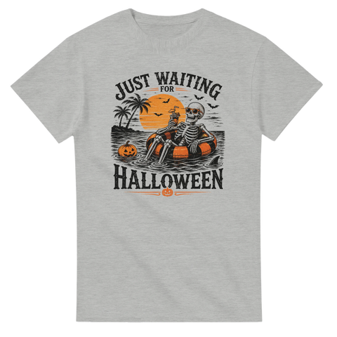 Vintage-inspirerat tryck med skelett, fladdermöss och solnedgång – halloween-t-shirt
