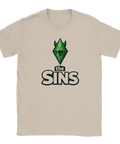 Grönt plumbob-motiv med texten "The Sins" på en sandfärgad t-shirt.