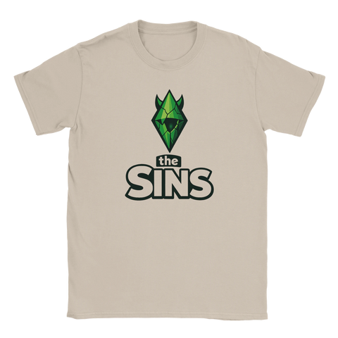 Grönt plumbob-motiv med texten "The Sins" på en sandfärgad t-shirt.