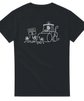 Politisk satir illustration av vägvält och demonstranter på svart t-shirt
