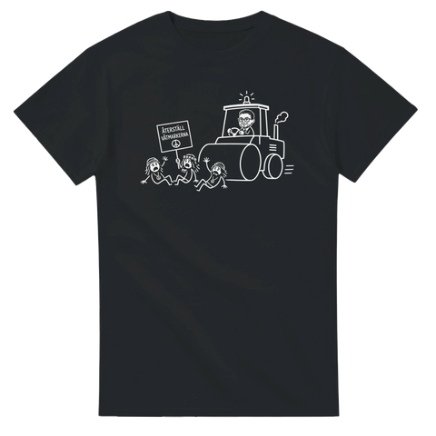 Politisk satir illustration av vägvält och demonstranter på svart t-shirt