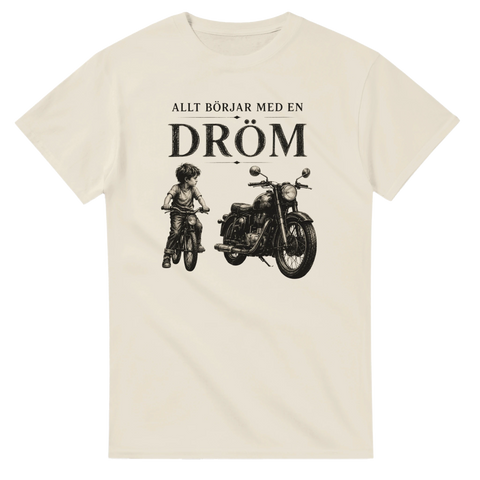 Nostalgiskt MC-motiv med texten Allt börjar med en dröm – retro t-shirt