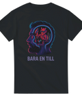 Svart t-shirt med neonmotiv av mansprofil och liten djävul som lockar till mer öl, texten ”Bara en till”.
