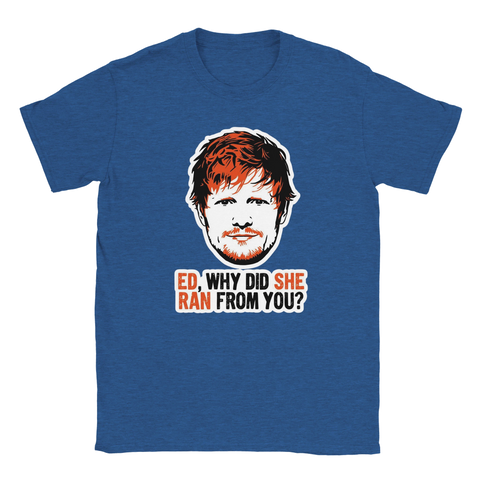 Blå melerad t-shirt med humoristiskt motiv och ordvits om Ed Sheeran