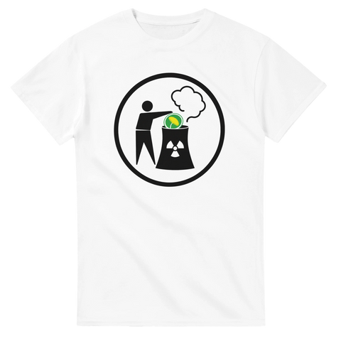 Politisk satir illustration av Miljöpartiets logotyp i ett kärnkraftverk – grafisk t-shirt