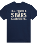 Marinblå t-shirt med texten Allt under 5 bärs räknas som fika.