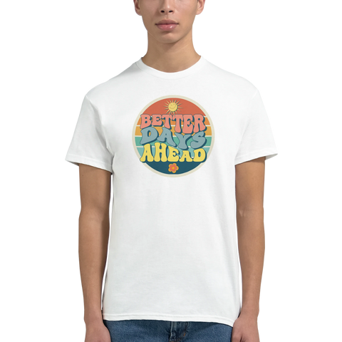 Retro "Better Days Ahead" text i regnbågsfärgad cirkel med sol och blomma på vit t-shirt.