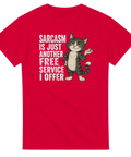 Illustration av självsäker katt med humoristisk text på röd t-shirt