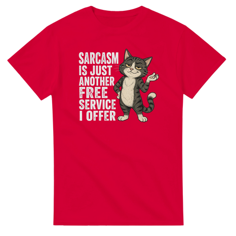 Illustration av självsäker katt med humoristisk text på röd t-shirt