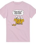 Grafiskt bananmotiv med humoristisk text på rosa t-shirt