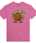 Rosa t-shirt med en glad kokosnöt med färgglad bakgrund och texten Våga vara dig själv.