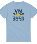 Blå supporter-t-shirt med grafiskt VM 2026 tryck i gult och blått
