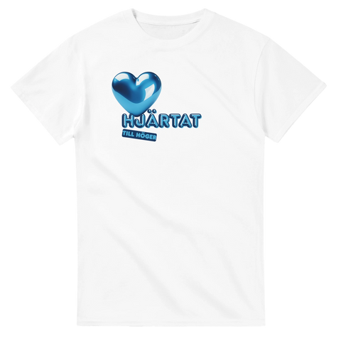Grafiskt motiv av ett glansigt blått hjärta på vit t-shirt