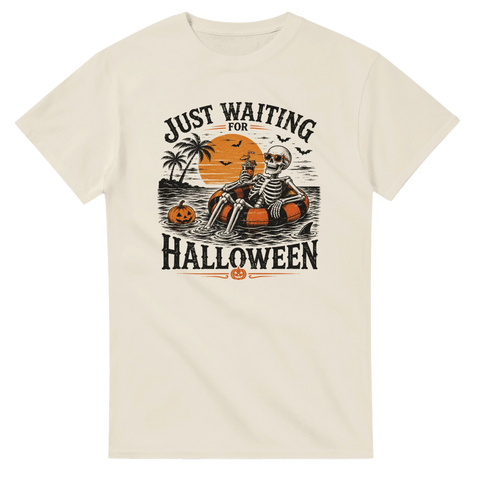 Grafisk illustration av skelett i badring med drink – halloween-motiv