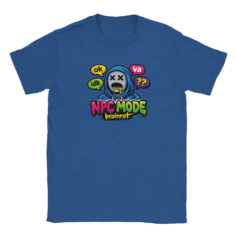 Grafiskt brainrot-motiv med NPC-karaktär i blå hoodie på en blåmelerad t-shirt