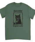 Mörk humor och kaxig katt i linjeteckning – olivgrön t-shirt