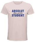 Absolut Student 2026-tryck i blått på ljusrosa herr-t-shirt, rak passform.