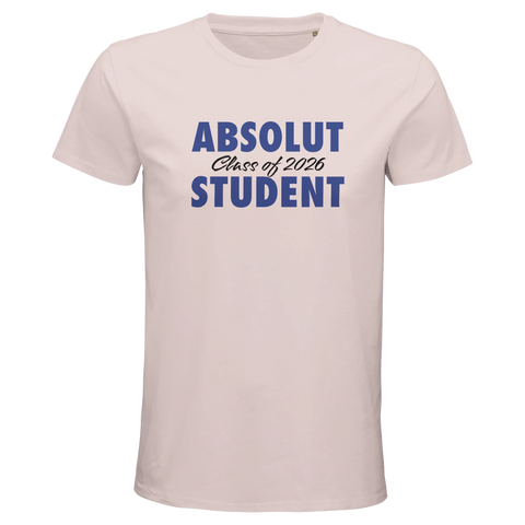 Absolut Student 2026-tryck i blått på ljusrosa herr-t-shirt, rak passform.