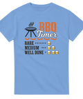 Blå t-shirt med grillmotiv och ölglas som ”timer” för rare, medium och well done.