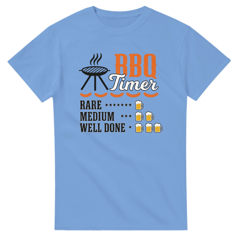 Blå t-shirt med grillmotiv och ölglas som ”timer” för rare, medium och well done.