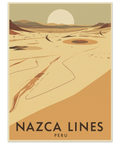 Illustration av Nazcalinjerna i Peru med sanddyner, en blekgul sol och geometriska linjer i ett ökenlandskap.