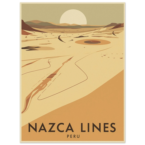 Illustration av Nazcalinjerna i Peru med sanddyner, en blekgul sol och geometriska linjer i ett ökenlandskap.