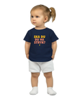 Ska du ha stryk?" baby t-shirt i mörkblått med gult och orange text, blixtsymbol.