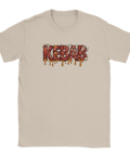 Lekfull t-shirt i sandfärg med illustration av droppande kebabsås och kött
