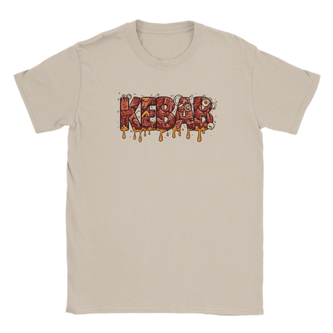 Lekfull t-shirt i sandfärg med illustration av droppande kebabsås och kött