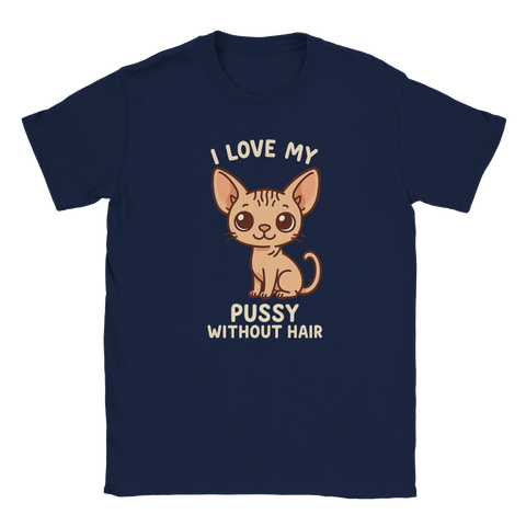 Blå t-shirt med nakenkatt och texten "I Love My Pussy Without Hair"