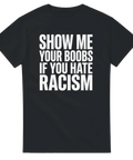 Provocerande texttryck med vit bold typografi – rolig meme t-shirt