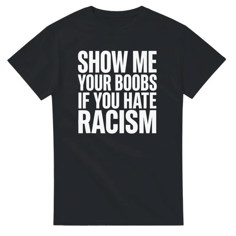 Provocerande texttryck med vit bold typografi – rolig meme t-shirt