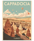 Illustration av Cappadocia i retrostil med rödbruna klippformationer, vita moln och varmluftsballonger mot en ljusblå himmel.
