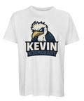 Tecknad arg kormorant med texten "KEVIN KORMORANT" på vit ekologisk oversized t-shirt.