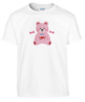 Rosa nallebjörn med blå fluga och texten "I ❤️ U" på vit barn t-shirt.