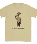 Ironisk cartoon-illustration med texten A-hyuk whatever på en beige t-shirt