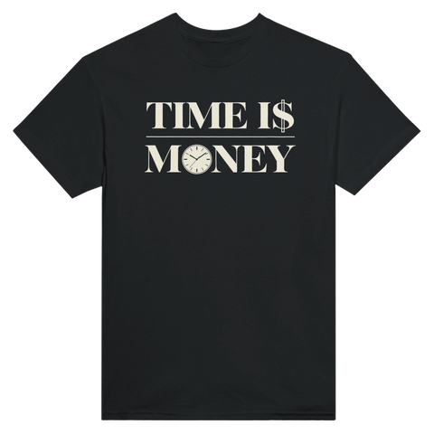 Svart t-shirt med texten Time is Money och en klocka i bokstaven O.