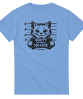 Rolig t-shirt med illustration av katt som tagit ett mugshot – blå t-shirt