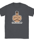 Tecknad muskulös man med korsade armar och text "STOPP MIN KROPP" på mörkgrå t-shirt.