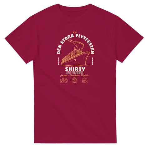 T-shirt med retroinspirerat tryck av en festlig båtresa i vinrött