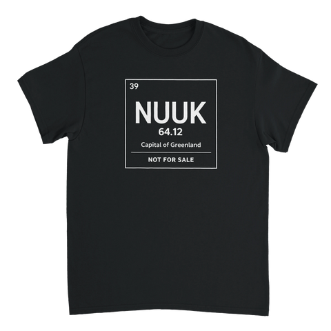 Svart t-shirt med vit illustration inspirerad av kemiska element