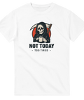 Vit t-shirt med liemannen som dricker kaffe och 'Not Today' tryck.