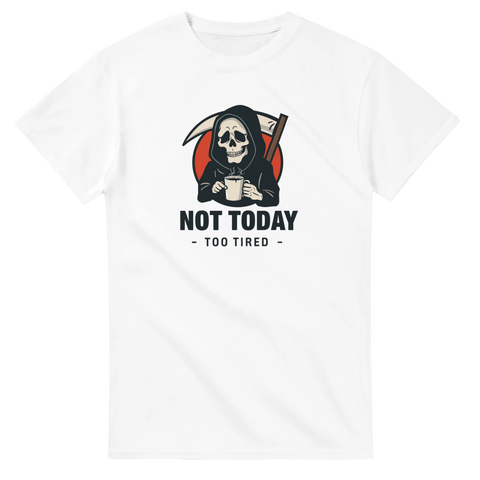 Vit t-shirt med liemannen som dricker kaffe och 'Not Today' tryck.