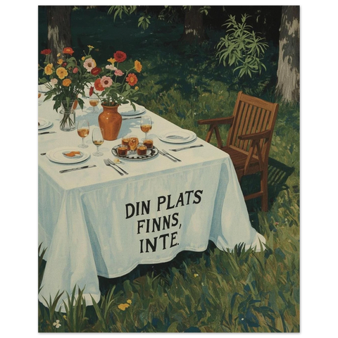 Närbild på en poster föreställande en somrig trädgårdsscen med blommor, glas och en tom stol invid ett dukat bord.