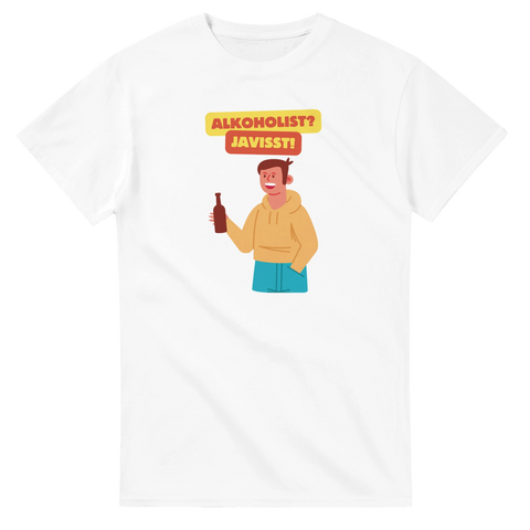 Vit t-shirt med en tryckt bild av en glad person som håller en flaska och texten "Alkoholist Javisst!"