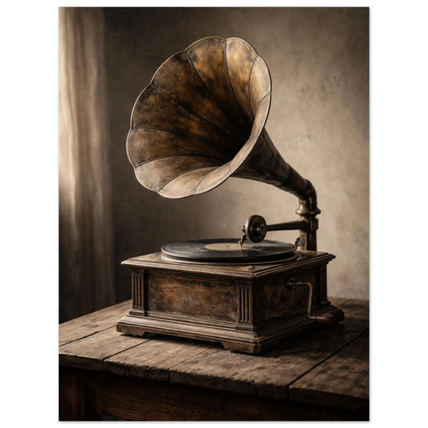 En antik grammofon i mörkt trä med en stor mässingstratt står på ett rustikt träbord i dämpat dagsljus.