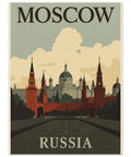 Närbild på en travel poster föreställande ryska arkitektoniska landmärken med texten Moscow och Russia.